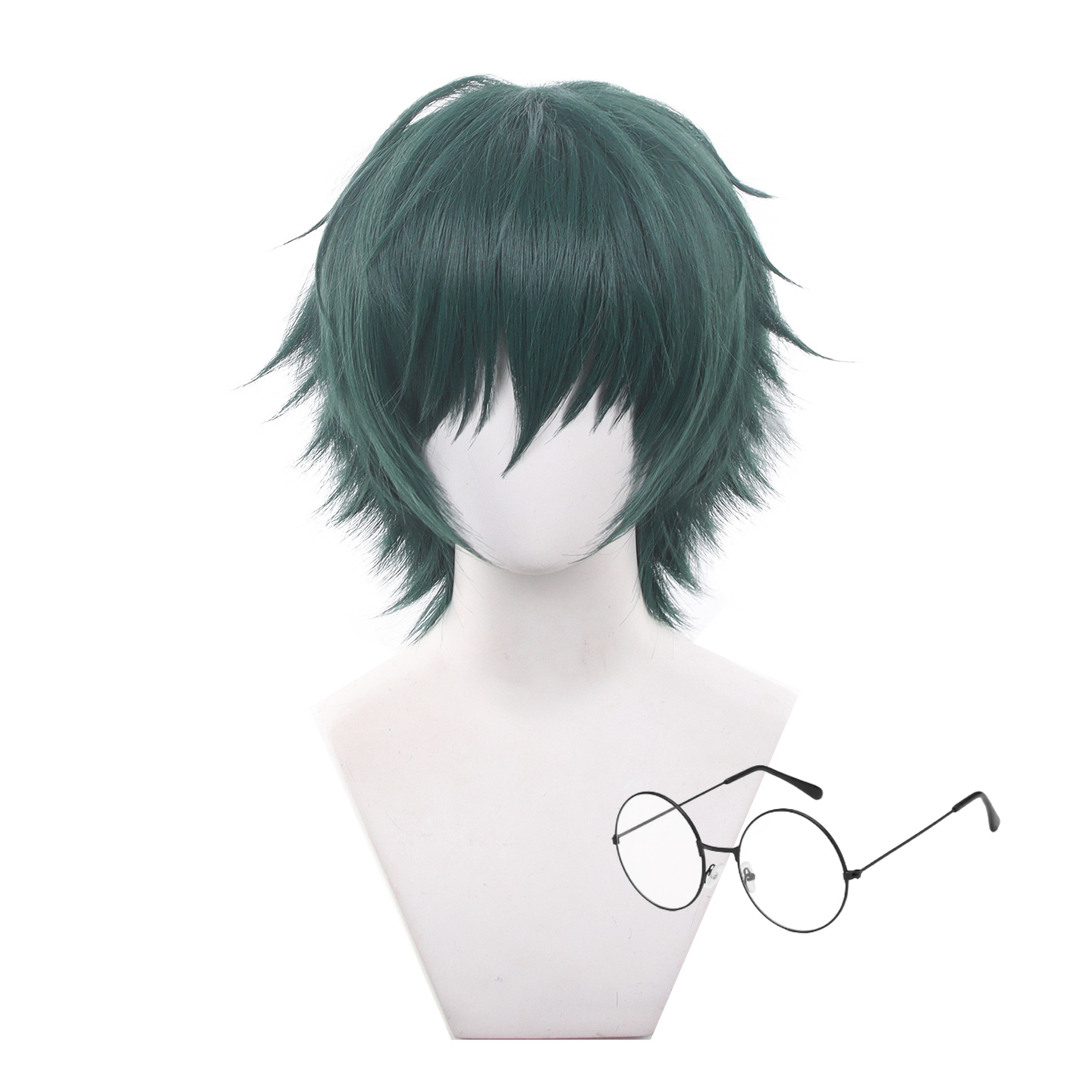 Anime Cosplay Glasses - شعر مستعار قصير أخضر لشخصية ماكي