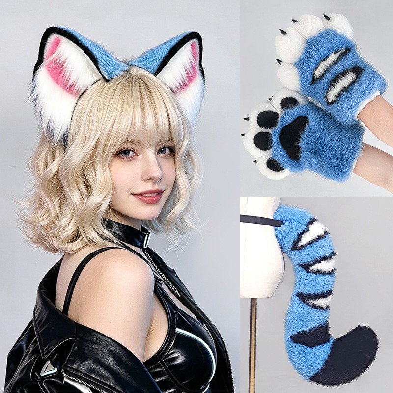 Convention Cosplay Anime - طقم أذن وذيل النمر الأزرق، مصنوع
