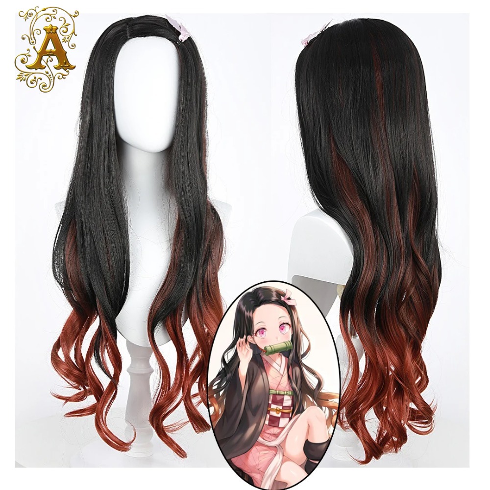 Anime Cosplay Nezuko - شعر مستعار طويل مجعد بلون أسود