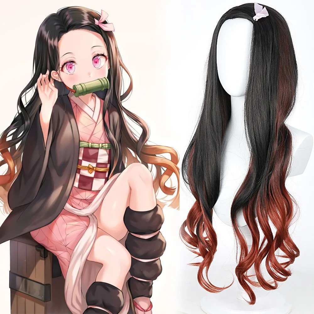 شعر مستعار طويل مجعد بلون أسود - مراجعة Anime Cosplay Nezuko وسعره